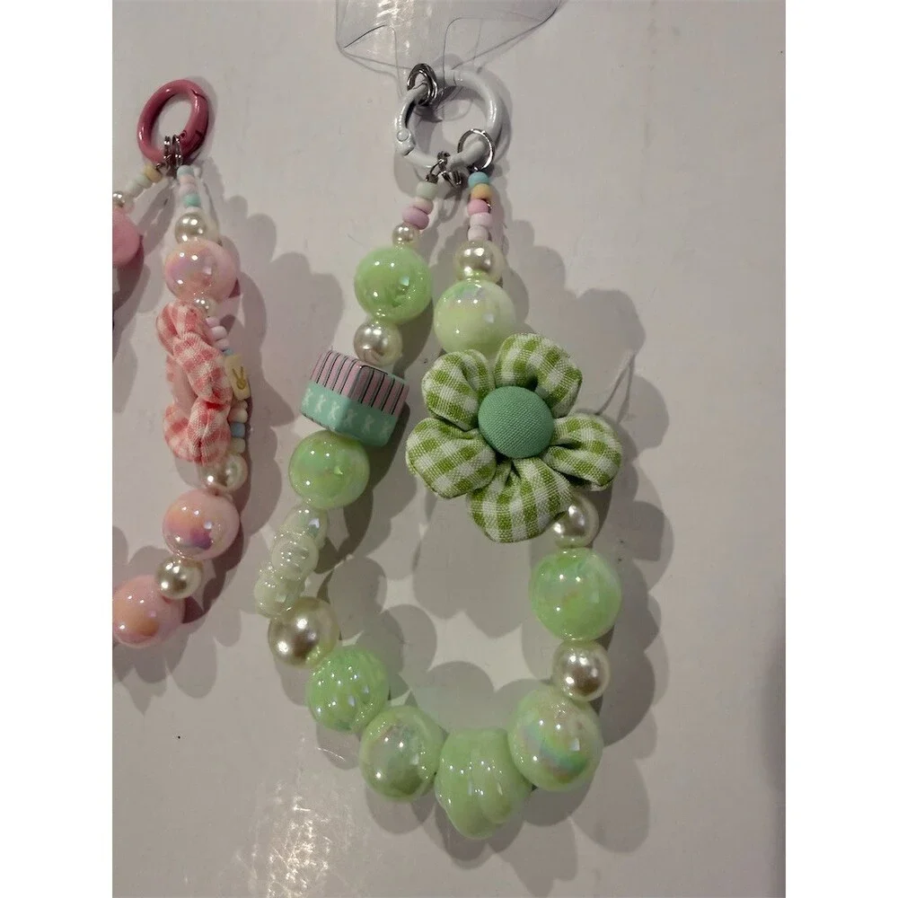 Set of 2 Beaded Phone Charms cute key purse charms  Pink Green Gingham Flower